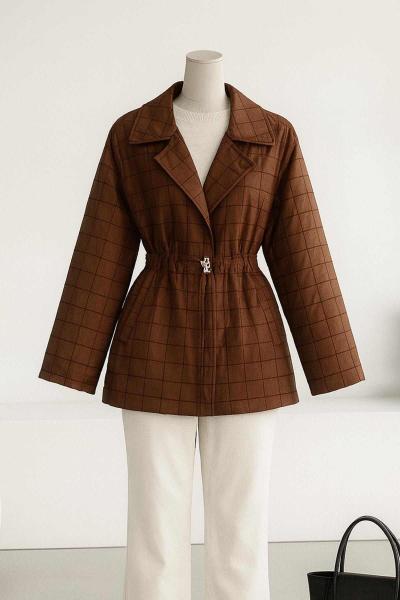 Beli Bağlamalı Oversıze Kısa Kapitone Trençkot Kahve