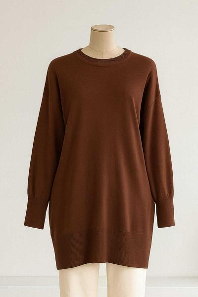 Bisiklet Yaka Salaş Triko Tunik Kahve