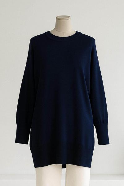 Bisiklet Yaka Salaş Triko Tunik Lacivert