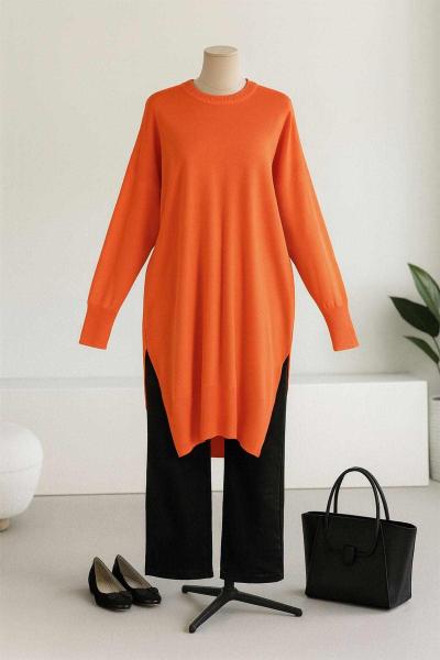 Bisiklet Yaka Salaş Triko Tunik Orange