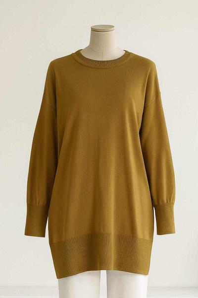 Bisiklet Yaka Salaş Triko Tunik Olive