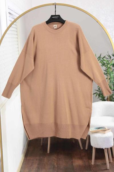 Bisiklet Yaka Salaş Triko Tunik Sütlü Kahve