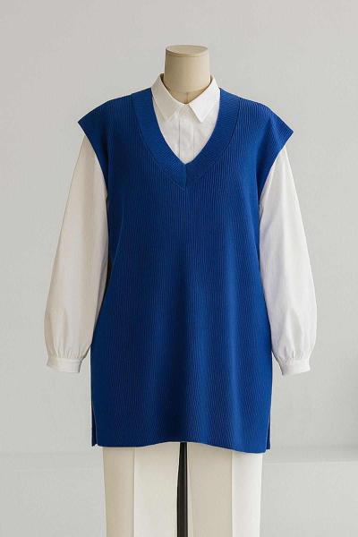 V Yaka Selanik Örgü Triko Süveter Saks