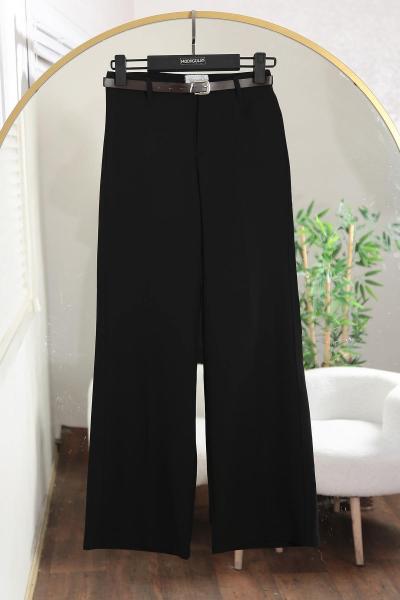 Beli Kemerli Boru Paça Double Pantolon Siyah
