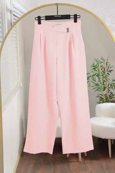 Çift Düğmeli Pileli Bol Paça Dabıl Pantolon Açık Pembe