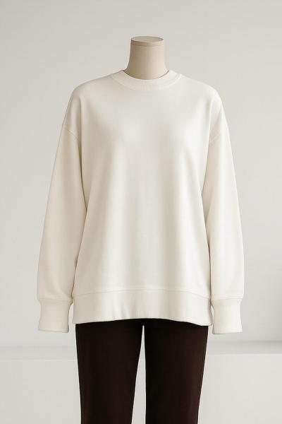 Sıfır Yaka Basıc Yırtmaçlı İki İplik Sweat Beyaz
