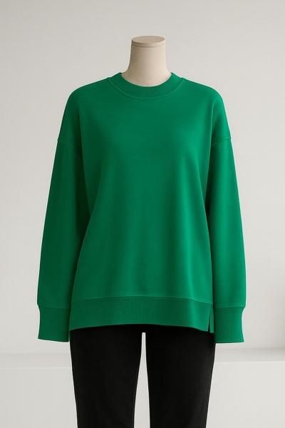 Sıfır Yaka Basıc Yırtmaçlı İki İplik Sweat Çimen