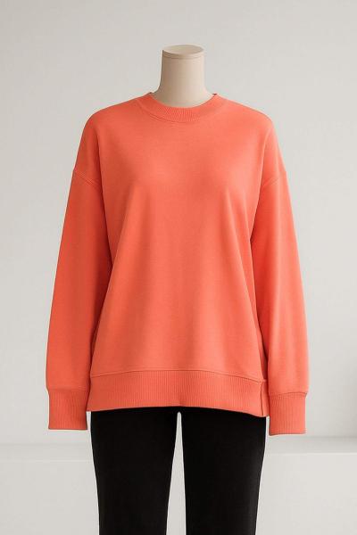 Sıfır Yaka Basıc Yırtmaçlı İki İplik Sweat Coral