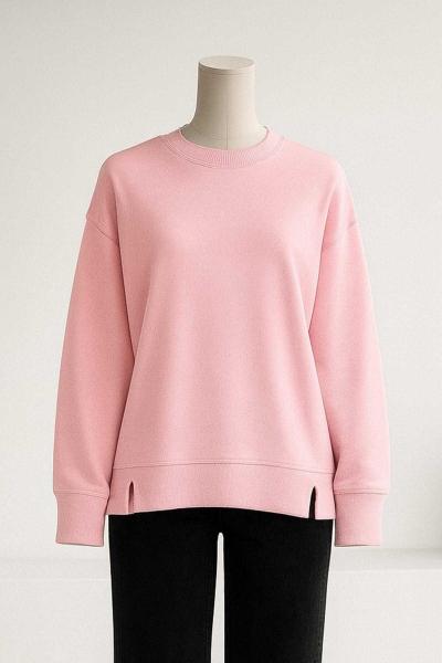 Sıfır Yaka Basıc Yırtmaçlı İki İplik Sweat Toz Pembe