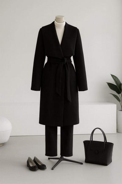 New Mendil Yaka Kuşaklı Kaşe Kaban Siyah