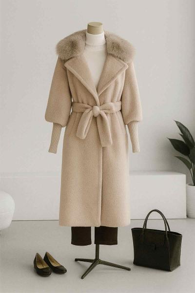 Angora Yaka Kolları Fitilli Kürk Kaban Vizon