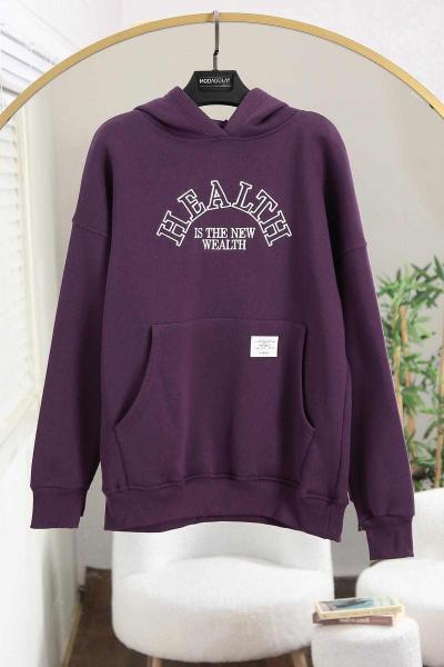 Healft Nakışlı Kapşonlu Üç İplik Sweat Mor