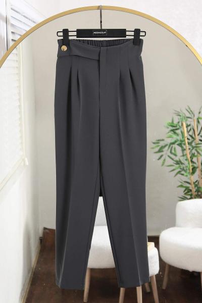 Yanı Bantlı Tek Düğmeli Pantolon Füme