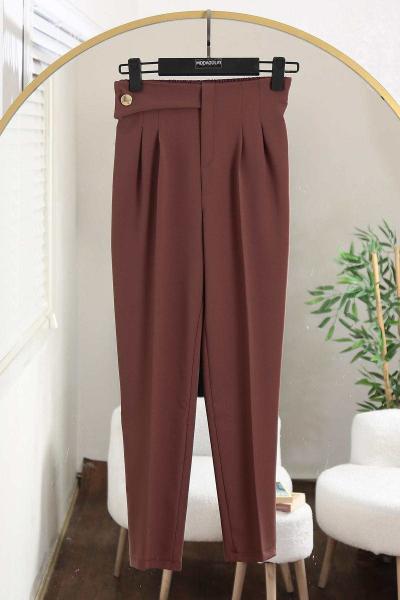 Yanı Bantlı Tek Düğmeli Pantolon Kahve