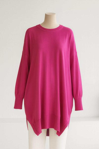 Önü Oval Kesim Kolu Katlamalı Triko Tunik Fuşya