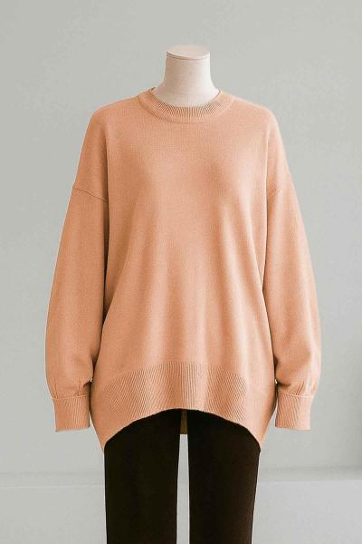 Önü Oval Kesim Kolu Katlamalı Triko Tunik Sütlü Kahve