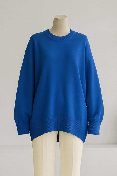 Önü Oval Kesim Kolu Katlamalı Triko Tunik Saks