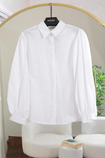 Omuzu Pileli Balon Kollu Poplin Gömlek Beyaz