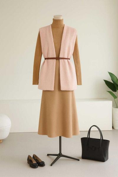 Kemerli Buklet Yelek Pembe