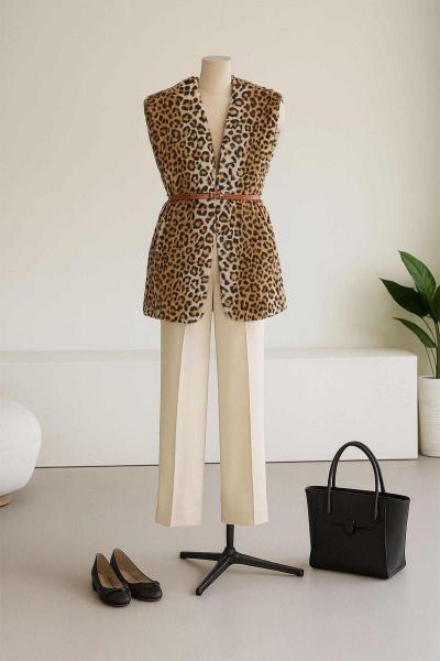 Leopar Kemerli Kürk Yelek Leopar