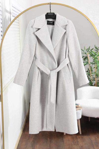 Kuşaklı Çift Cepli Erkek Yaka Kaşe Kaban Açık Gri