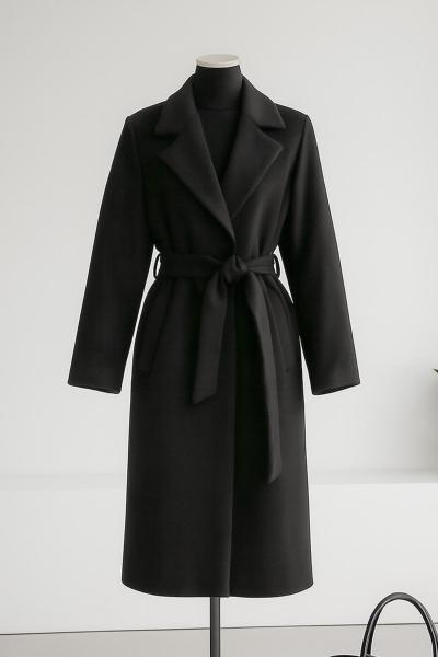 Kuşaklı Çift Cepli Erkek Yaka Kaşe Kaban Siyah