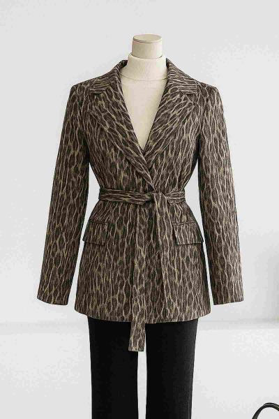 Kuşaklı Astarı Leopar Kaşe Ceket Leopar