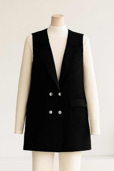 Metal Düğmeli Çift Cepli Buklet Yelek Siyah