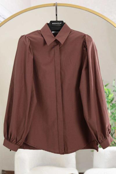 Omuzu Pileli Balon Kollu Poplin Gömlek Kahve