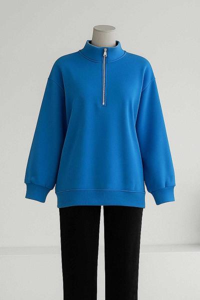 Yarım Fermuarlı Üç İplik Sweat İndigo