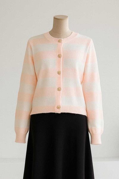 Kalın Çizgili 5 Düğmeli Kısa Triko Hırka Somon Ekru