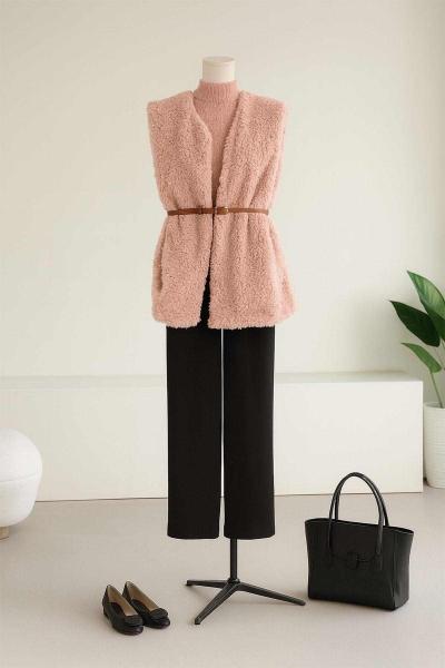 Kemerli Peluş Yelek Pudra