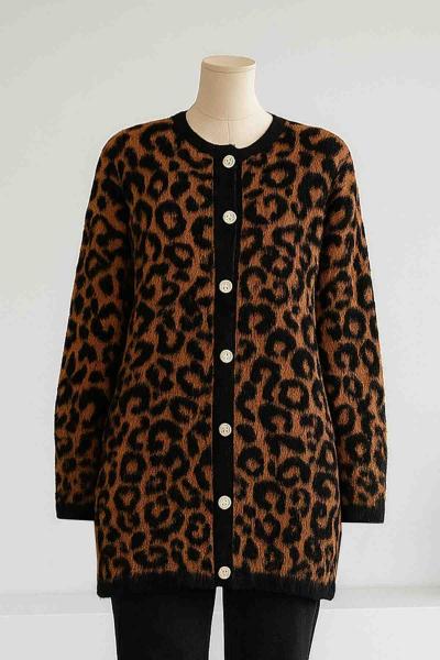 Yumoş Leopar Triko Hırka Siyah Bej