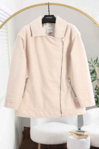 Yan Fermuarlı Melanj Keçe Mont Bej