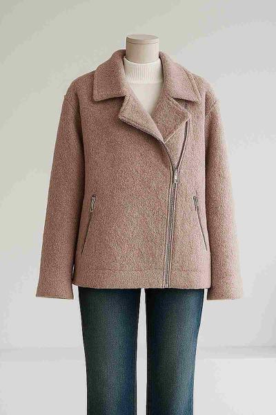 Yan Fermuarlı Melanj Keçe Mont Sütlü Kahve