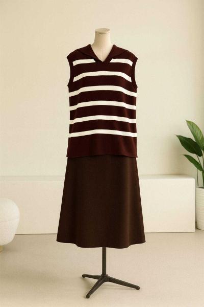 Büyük Yakalı Çizgili Triko Süveter Kahve Ekru