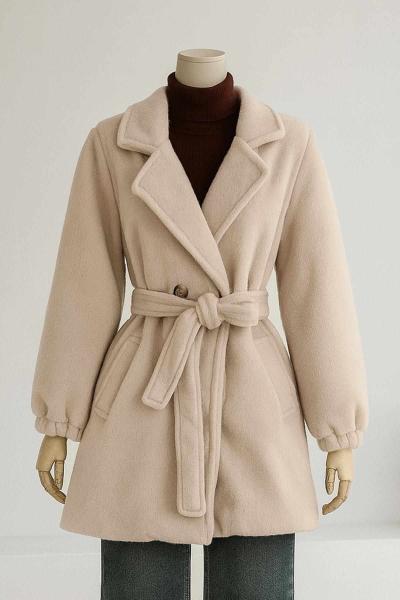 Çift Düğmeli Kuşaklı Kol Ucu Lastikli Kaşe Kaban Bej
