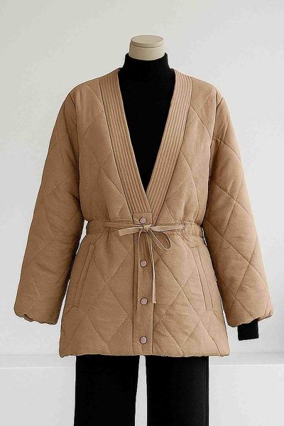 Yakası Gipeli Burbery Bağlamalı Kapitone Mont Camel