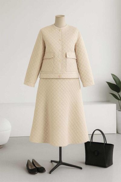 Çift Cepli Etekli Kapitone Takım Bej