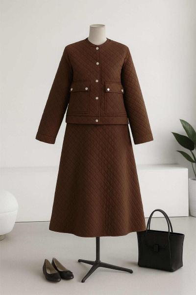 Çift Cepli Etekli Kapitone Takım Kahve