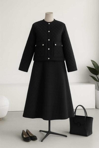 Çift Cepli Etekli Kapitone Takım Siyah