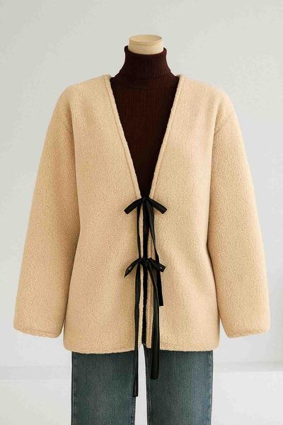 Çift Deri Bağlamalı Oversıze Peluş Ceket Bej