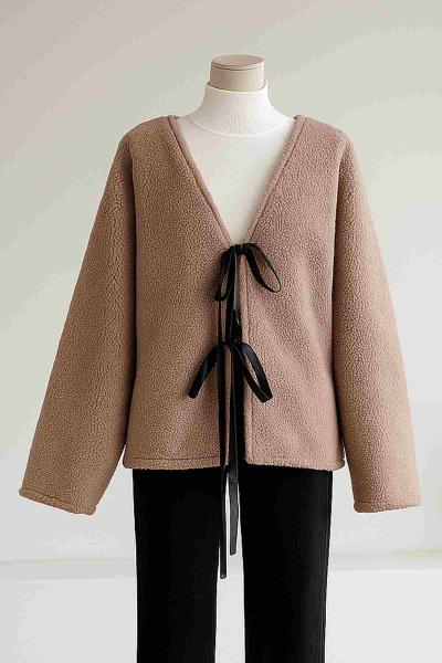 Çift Deri Bağlamalı Oversıze Peluş Ceket Vizon