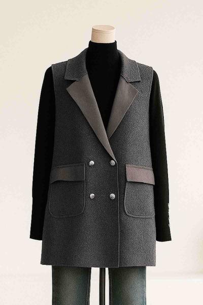 Metal Düğmeli Çift Cepli Buklet Yelek Antrasit