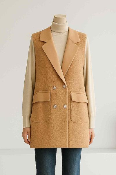 Metal Düğmeli Çift Cepli Buklet Yelek Açık Camel