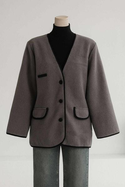 Oversze Çift Cep Kapaklı Biyeli Kaşe Ceket Antrasit