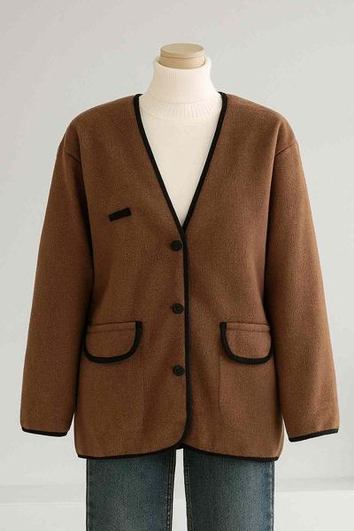 Oversze Çift Cep Kapaklı Biyeli Kaşe Ceket Kahve