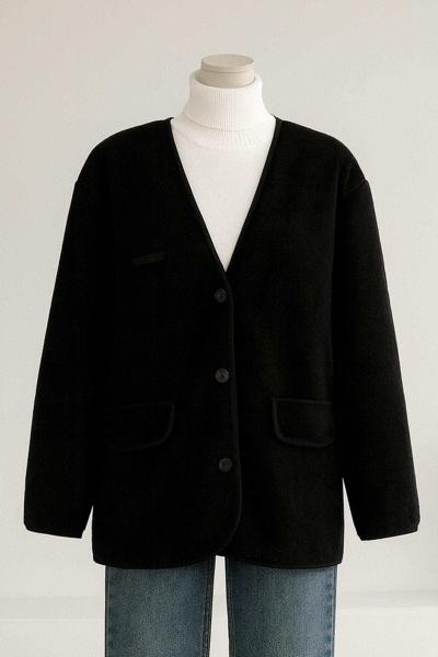 Oversze Çift Cep Kapaklı Biyeli Kaşe Ceket Siyah