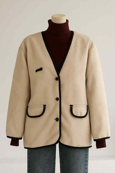 Oversze Çift Cep Kapaklı Biyeli Kaşe Ceket Taş