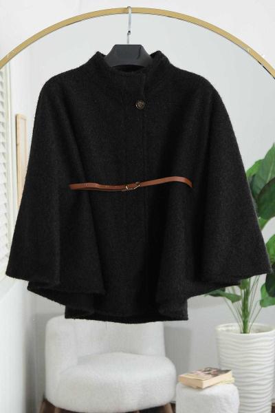 Kemerli Tek Düğmeli Melanj Keçe Panço Siyah